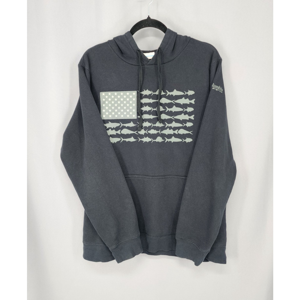 Columbia PFG Sweatshirt Large Mens Black Fish Flag Outdoor Fishing Patriotic
